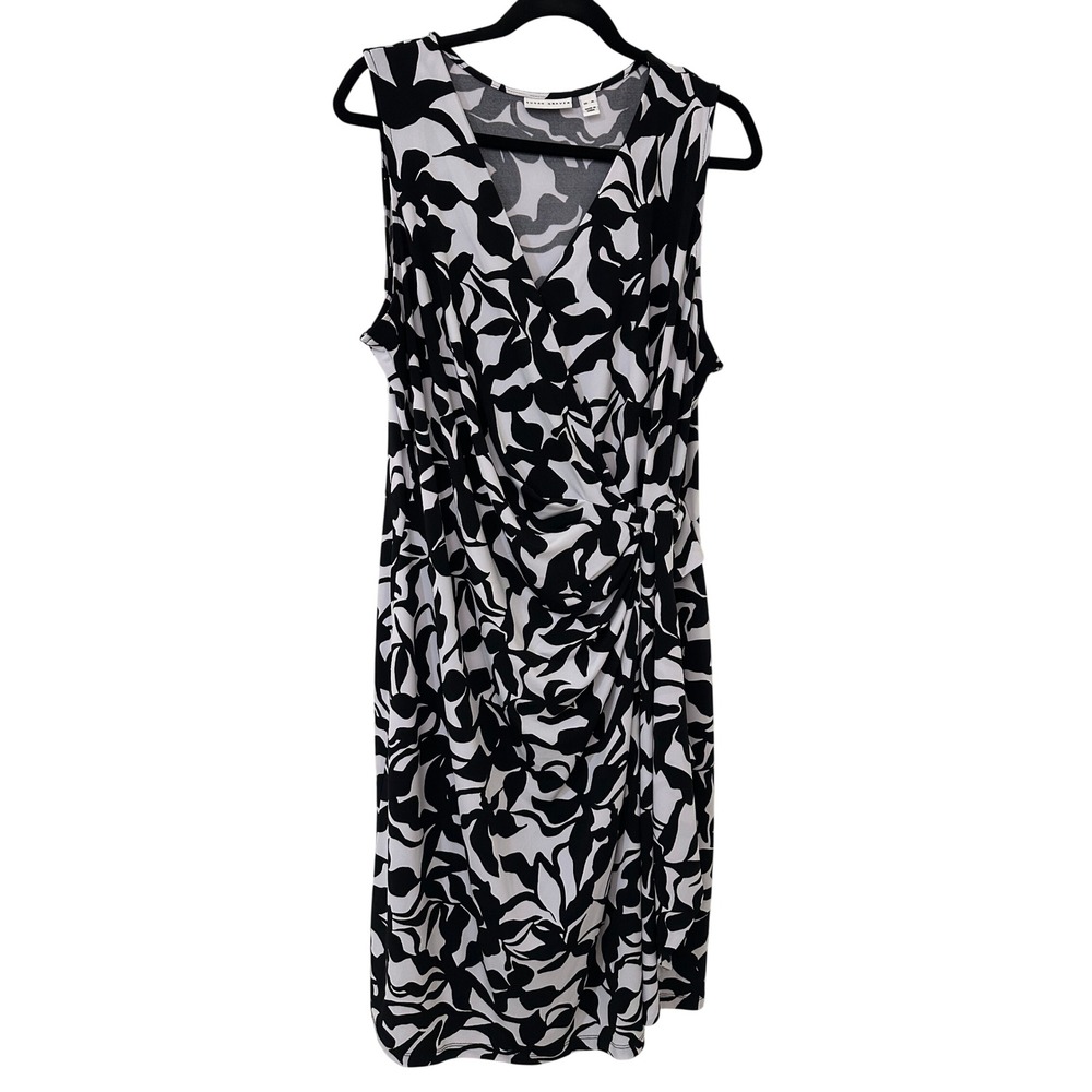Susan Graver Womens XL Black White Abstract Floral Faux Wrap Ruched Sheath Dress - Picture 1 of 12